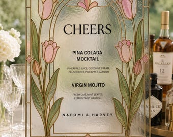 Plantilla de cartel para menú de bar de boda, diseño de arte en vidrio con estampado floral de vidrieras, expositor editable para estación de bebidas, impresión instantánea en Canva, ¡saludos!
