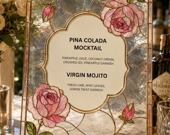 Letrero para menú de cócteles de boda, arte floral de rosas en vidrio imitación vitral, plantilla de decoración de bar para novios, diseño editable descargable para hacerlo tú mismo