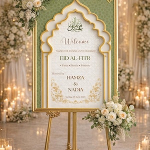 Letrero de bienvenida para Eid Mubarak, imprimible y editable, decoración para Ramadán, póster floral para mezquita, plantilla para celebración islámica de Iftar