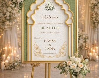 Plakat powitalny Eid Mubarak do druku, edytowalny, dekoracja ramadanowa, kwiatowy plakat z meczetem, szablon na islamską imprezę iftar