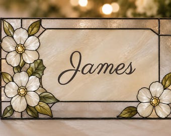 Plantilla de tarjeta de lugar con efecto vitral, tarjeta de nombre de boda editable con efecto vitral, tarjeta de asiento para recepción imprimible, tarjeta de acompañamiento DIY, descarga instantánea
