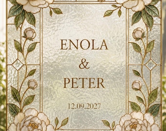 Plantilla de letrero de boda con diseño de peonías en vidrieras sintéticas, letrero de bienvenida floral de acrílico para bodas, decoración DIY, imprimible editable en Canva.