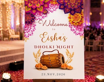Tabliczka powitalna Dholki na mehndi, sangeet i mayoun | Edytowalny plakat ślubny do druku | Szablon Canva do natychmiastowego pobrania