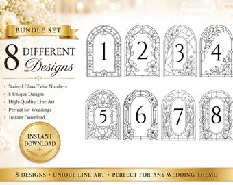 Números de mesa de boda de vidrieras, mesa imprimible de imitación (sin paquete), juego de letreros florales para mesas de recepción, decoración para planos de asientos de boda, descarga