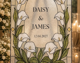 Stained Glass Wedding Welcome Sign, Calla Lily Faux Glass Template, Art Nouveau Floral DIY decor, Custom Names, Editable Printable Download