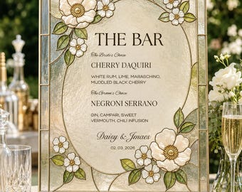 Plantilla de letrero de bar con efecto vitral, menú de cócteles acrílico para bodas (hazlo tú mismo), decoración floral para recepción, exhibición de estación de bebidas, descarga imprimible.