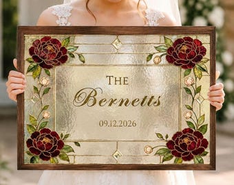 Plantilla de letrero de bienvenida para bodas con diseño de peonías en vitral, letrero de boda acrílico con flores artificiales para armar, decoración acrílica personalizada con apellido, descarga imprimible.