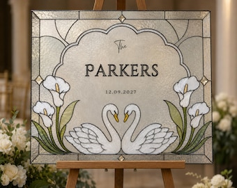 Swan Calla Lily Stained Glass Wedding Welcome Sign, custom last name Faux Glass Floral Template, DIY Paint decor,Editable Printable Download