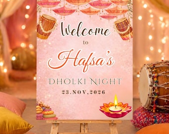 Plakat powitalny Dholki – Mehndi Sangeet Mayoun do druku, edytowalna dekoracja indyjskiego ślubu, szablon Canva do pobrania natychmiast