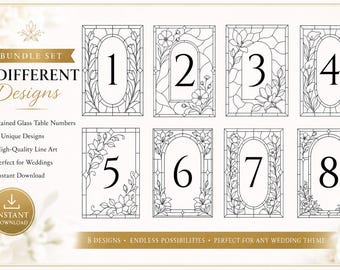 Paquete de números de mesa de boda con vidrieras, juego de números de mesa imprimibles, letreros florales para mesas de recepción, decoración para planos de asientos de boda, descarga
