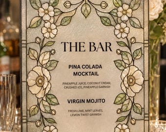 Menú de bar floral con efecto vitral, plantilla para letrero de estación de bebidas para bodas, decoración acrílica para cócteles de recepción (hazlo tú mismo), diseño imprimible descargable.