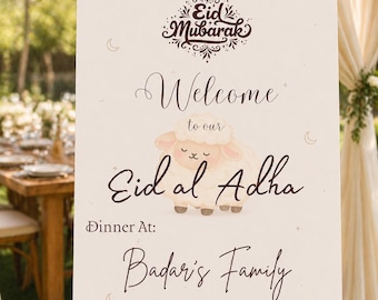 Eid al-Adha Mubarak – drukowany znak, edytowalna tablica powitalna Eid, kwiatowe dekoracje na imprezę, natychmiastowe pobranie