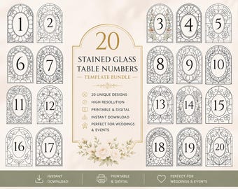 Paquete de números de mesa para bodas con forma de arco, 20 letreros florales de imitación de vidrieras, decoración imprimible para la recepción, plano de asientos para bodas, descarga editable en Canva.