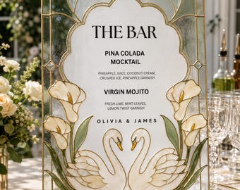 Letrero para menú de cócteles de boda, arte en vidrio con diseño floral de calas en vidrieras sintéticas, plantilla de decoración de bar con cisnes para novios, diseño editable para descargar.