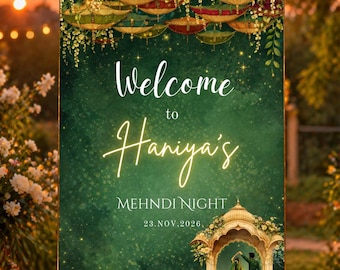 Edytowalny szablon Canva z napisem „Mehndi Night Welcome Sign”, plakat z oliwkowo-zielonym henną na wejście na wesele, spersonalizowany wystrój