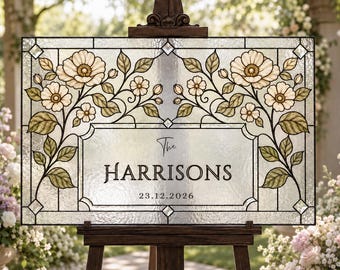Letrero de bienvenida de boda con efecto vitral, letrero de boda con apellido editable, decoración de entrada personalizada, plantilla acrílica DIY de Canva.