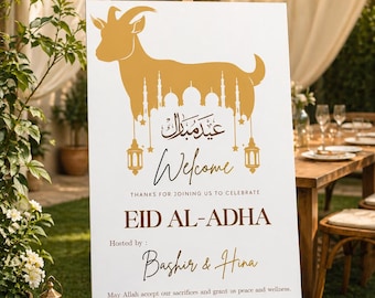 Tabliczka powitalna na Eid al-Adha Mubarak, plakat powitalny do druku, nowoczesna dekoracja na islamskie przyjęcie, natychmiastowe pobranie cyfrowe, szablon do edycji
