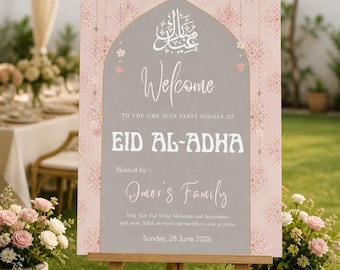 Kwiatowy napis powitalny na Eid al-Adha na drzwi wejściowe – Islamska dekoracja domu, edytowalny wydruk Eid Mubarak, natychmiastowe pobranie