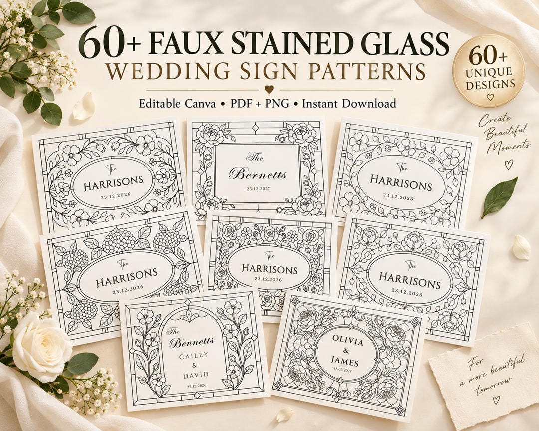 Wadding Pattern Faux Stained Glass Wedding Sign Patterns | 62 Printable Stained Wedding ...