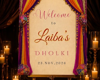Kolorowy szyld powitalny z mehndi i dholki, plakat na wejście do Mayoun, dekoracja Sangeet do druku, szablon do edycji, natychmiastowe pobranie cyfrowe