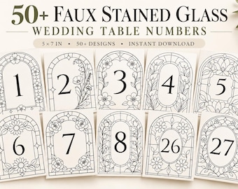 Stained Glass  Wedding Table Number Bundle,50+ Faux Floral Arch Signs Reception Decor, Wedding Seating plan,Editable Canva Download