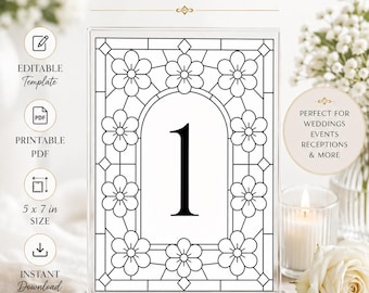 Números de mesa de boda con vidrieras, juego de números de mesa imprimibles, letreros florales para mesas de recepción, decoración para planos de asientos de boda, descarga editable.