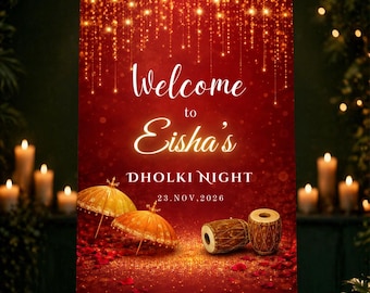 Żywy znak powitalny Dholki, wejście z mehndi, indyjski wystrój weselny, plakat z parasolem, drukowany znak z natychmiastowym pobraniem cyfrowym