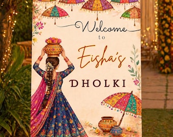 Tabliczka powitalna Dholki na mehndi, sangeet i mayoun | Kolorowy, edytowalny plakat do dekoracji weselnych do druku | Szablon Canva do pobrania natychmiast