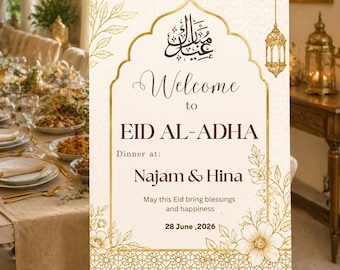 Plakat powitalny z okazji Eid al-Adha Mubarak do druku, plakat powitalny z okazji Eid, nowoczesny plakat z islamską dekoracją na imprezę, edytowalny, natychmiastowe pobranie cyfrowe