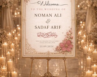 Islamski znak powitalny na ceremonię Nikkah, muzułmańska tablica ślubna, edytowalny szablon Canva, możliwość pobrania w wersji cyfrowej