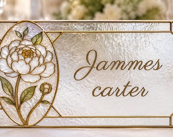 Plantilla de tarjeta de mesa para boda con diseño de peonía artificial en vidriera, tarjeta de nombre editable en Canva, tarjeta de asiento imprimible, decoración de recepción DIY, descarga instantánea.