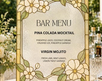 Letrero de bar de boda con efecto vitral, plantilla de menú de bebidas floral, decoración de recepción DIY, diseño de cóctel imprimible, descarga instantánea editable.