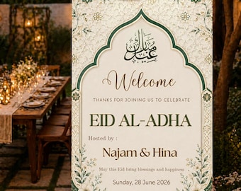 Edytowalny kwiatowy znak powitalny Eid, tablica do druku Eid al-Adha Mubarak – nowoczesna dekoracja na przyjęcie islamskie, natychmiastowe pobranie