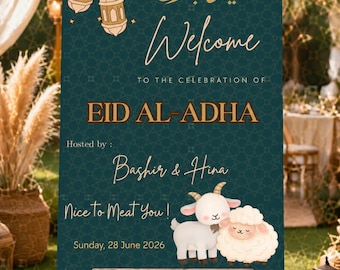 Plakat powitalny na Eid al-Adha Mubarak do druku – świętowanie Eid, nowoczesne dekoracje na islamskie przyjęcie, edytowalny szablon plakatu, natychmiastowe pobranie cyfrowe
