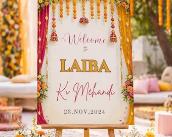 Szablon powitalny na Canva z motywem haldi i mehndi – Kolorowy kwiatowy wystrój indyjskiego ślubu Desi, edytowalny do druku