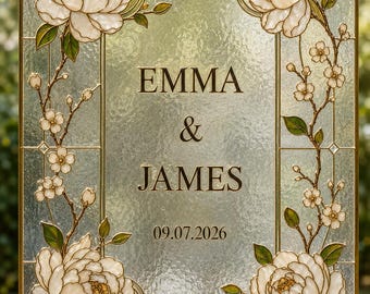 Plantilla editable de cartel de bienvenida para bodas con peonías, diseño de Canva con efecto vidriera, cartel acrílico para bodas, decoración floral para la entrada de la recepción.