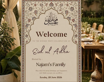 Tablica powitalna na Eid al-Adha, Eid Mubarak, nowoczesna minimalistyczna dekoracja na przyjęcie islamskie, edytowalny szablon plakatu, natychmiastowe pobranie cyfrowe