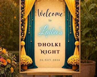 Kolorowy szyld powitalny z mehndi i dholki, plakat na wejście do Mayoun, dekoracja ślubna do druku, szablon do natychmiastowego pobrania