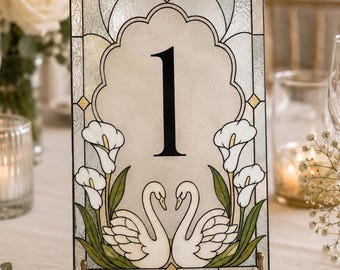 Stained Glass Wedding Table Number,Swan Calla Lily Diy Faux Floral Paint Signs,Reception Decor no, Wedding Seating plan ,Editable Download