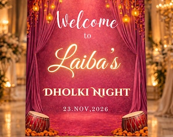 Tabliczka powitalna Dholki | Plakat do druku z mehndi, sangeet i mayoun | Dekoracje ślubne, Edytowalny do pobrania, Szablon Canva