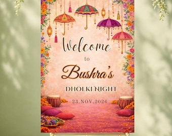 Spersonalizowany napis powitalny Dholki na wesele z motywem mehendi, haldi i sangeet | Dekoracje pendżabskie, niestandardowy napis na ceremonię