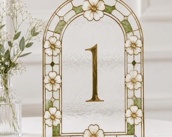 Número de mesa de boda con arco de vidrieras, letreros de pintura floral artificial para manualidades, decoración de recepción imprimible, plano de asientos para bodas, descarga editable