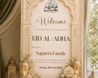 Plakat powitalny na Eid al-Adha Mubarak do druku, edytowalny plakat na imprezę kwiatową, islamskie dekoracje Eid, szablon Canva, natychmiastowe pobranie