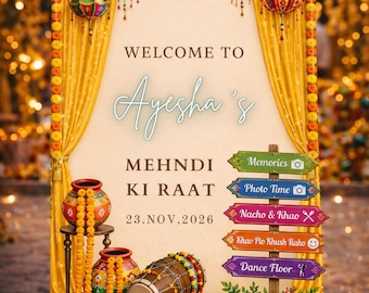 Plakat powitalny z mehendi do druku, jaskraworóżowy i pomarańczowy wystrój indyjskiego i pakistańskiego wesela, plakat z henny na noc, pobieranie cyfrowe