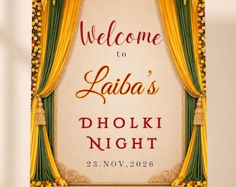 Tabliczka powitalna Dholki, plakat do druku z mehndi sangeet mayoun, dekoracja ślubna w stylu desi edytowalna, szablon Canva, natychmiastowe pobranie
