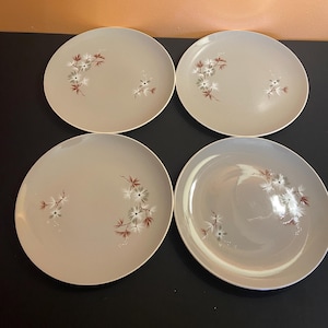 May include: Set of four round, light gray ceramic plates. Each plate features a floral design with white, gray, and red accents. The plates have a simple, elegant design, suitable for everyday use or special occasions.