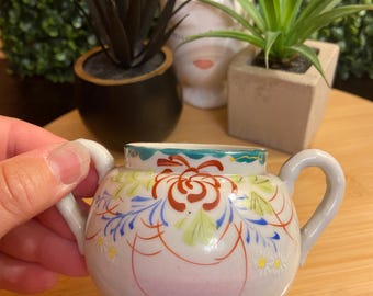Vintage Hand Painted Porcelain Sugar Bowl Double Handle Floral Cottagecore Vanity Jar