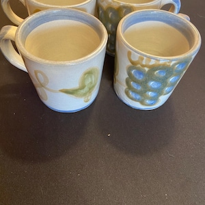 Set of 4 Louisville Stoneware Coffee Cups, Grape Motif Pottery Mugs