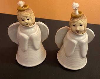 Signed Rita Ward Ceramic Angel Oil Lamps | Bisque Studio Pottery Figurines (Pair)