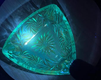 Vintage Uranium Glass Ashtray Aqua Teal Murano Style Cigar Ashtray UV Reactive Mid Century Art Glass